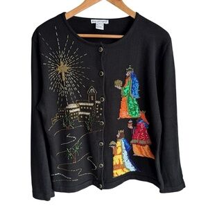 Belle Pointe Christmas Sweater XL Black Beaded Three Wiseman Party Holiday EUC